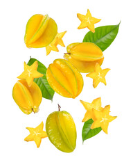 Starfruit (carambola) flying in the air isolated on white background.