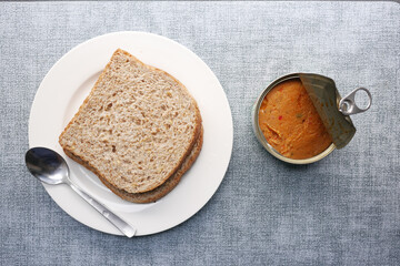 canned tuna on wooden table ,