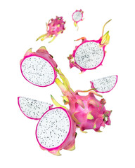 Dragon fruit (pitaya pitahaya) with cut half slice flying in the air isolated on white background.