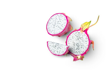 Dragon fruit (pitaya, pitahaya) half slice isolated on white background, top view, flat lay.