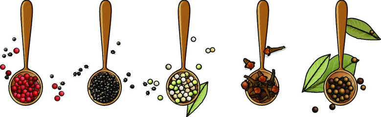 A black cutting board with a highlighted stone texture on a white background with a composition of wooden spoons with colorful peppers, coriander seeds and bay leaf.