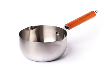 Stainless steel pot with red plastic handle isolated on white background with clipping path.