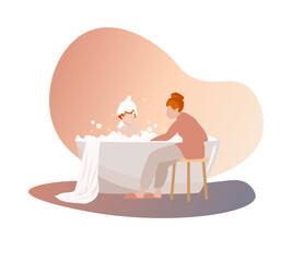 Mom washes her baby in a soap bubble bath