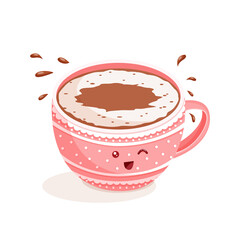 Pink cup of coffee with foam and cheerful face. Vector illustration of espresso, cappuccino, latte, raf with milk. - obrazy, fototapety, plakaty