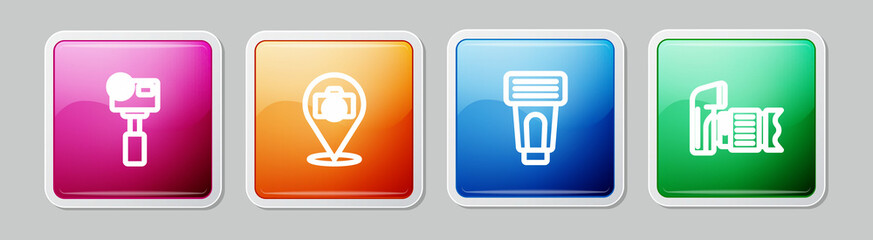 Set line Action extreme camera, Photo, flash and . Colorful square button. Vector