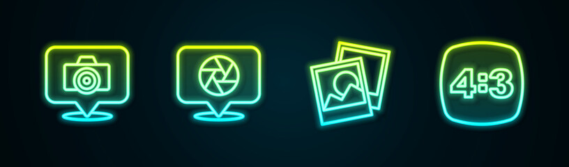 Set line Photo camera, Camera shutter, frame and 4. Glowing neon icon. Vector