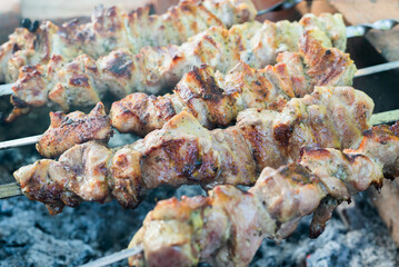 Blurred image of cooking skewers on a fire.