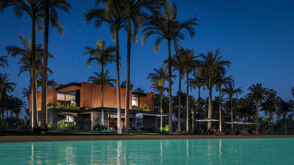 3d rendering of modern cozy house with parking and pool for sale or rent with wood plank facade by the sea or ocean. Starlight night by the azure coast with palm trees and flowers in tropical island
