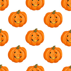 Seamless pattern with a pumpkin with a face for halloween. October harvest. Vector illustration for fabrics, textures, wallpapers, posters, cards. Editable elements.