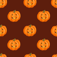 Seamless pattern with a pumpkin with a face for halloween. October harvest. Vector illustration for fabrics, textures, wallpapers, posters, cards. Editable elements.