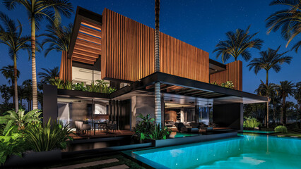 Obraz premium 3d rendering of modern cozy house with parking and pool for sale or rent with wood plank facade by the sea or ocean. Starlight night by the azure coast with palm trees and flowers in tropical island