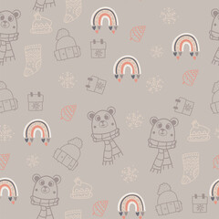 Warm seamless pattern with vector Christmas illustrations. Cute vector hand drawn elements: gifts, teddy bears, hats and socks, confetti. Nice illustration for wrapping paper.