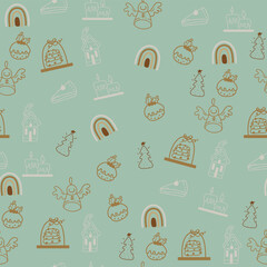 Warm seamless pattern with vector Christmas illustrations. Cute vector hand drawn elements: gifts, candles, christmas cakes, confetti. Nice illustration for wrapping paper.