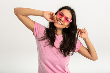 attractive woman in pink t-shirt and sunglasses