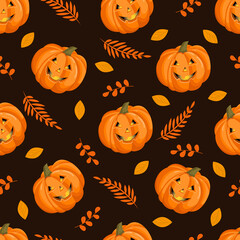 Seamless pattern with Halloween pumpkins and autumn leaves. October harvest. Vector illustration for fabrics, textures, wallpapers, posters, cards. Editable elements.