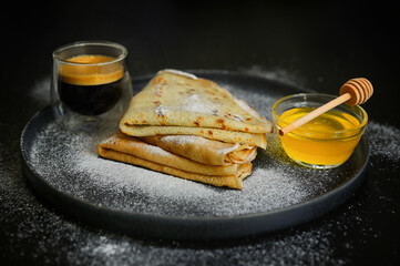 Breakfast Pancakes. Jar With  Honey and Espresso Coffee