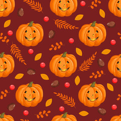 Seamless pattern with Halloween pumpkins, autumn leaves, fir cones and red berries. October harvest. Vector illustration for fabrics, textures, wallpapers, posters, cards. Editable elements.