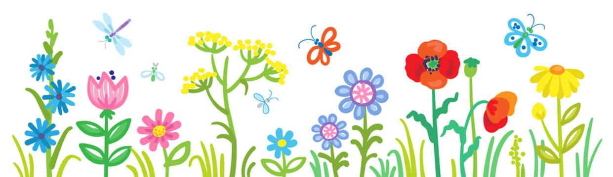 Children's drawing. Beautiful flowers and butterflies. In cartoon style. Isolated on white background. Vector illustration