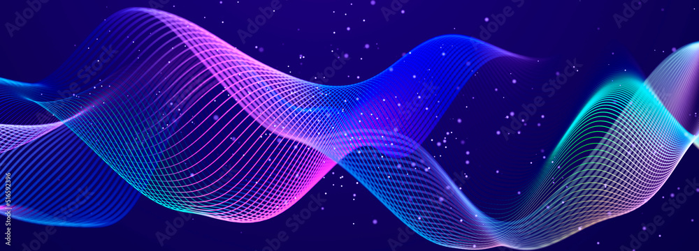 Poster Technology background. Data stream. Movement of luminous lines on dark background. 3d
