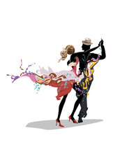 Abstract dancing couple decorated with splashes, waves, notes. Hand drawn vector illustration  for t shirts, covers,  wallpaper, greeting cards, wall-art, invitations. - 516592575
