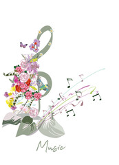 Abstract treble clef decorated with summer and spring flowers, palm leaves, notes, birds. Hand drawn musical vector illustration for t shirts, covers,  wallpaper, greeting cards, wall-art, invitations - 516592579