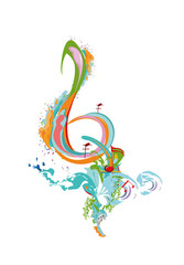 Abstract musical design with a colourful treble clef and musical waves, notes and splashes. Hand drawn vector illustration for t shirts, covers,  wallpaper, greeting cards, wall-art, invitations.