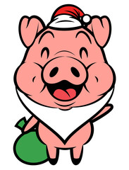 Cartoon illustration of Funny Piglets wearing santa claus costume like white beard and santa cap, and carrying A sack of gift to delivered for a good kids