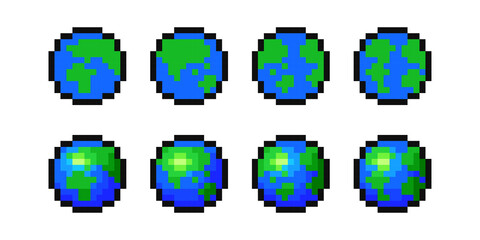 Planet Earth in pixel style vector set. Globe pixelart video game element collection.