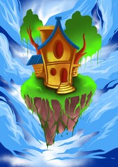 A fantasy of tree house with water background illustration. 
