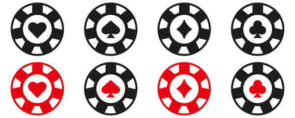 Poker chips flat vector icons set. Lucky Game Suit Casino Roulette Glyph Pictogram. Playing poker concept. Vector illustration