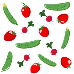 Seamless vector pattern with vegetables on a light yellow background.  Seamless vector pattern with tomato, cucumber, potato, carrot on a light yellow background. 
