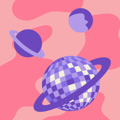 Psychedelic retro poster with purple planets and disco ball on wavy background with liquid shapes. Vector illustration