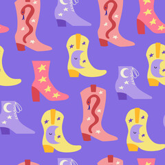 Seamless pattern with various cowgirl boots with moon, snakes and stars. Wild west, western, texas hand drawn vector trendy background. 