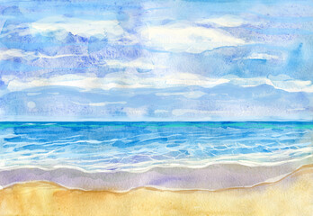 Watercolor beach and beautiful tropical sea