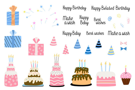 Birthday party decorations set. Cakes, party hats, lettering, gift boxes. Hand drawn flat vector illustration. Great illustrations for birthday cards, posters.