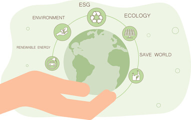 Hand holding a green globe in the concept of nature about management esg, sustainability, ecology and renewable energy for save the world environmental and conservation