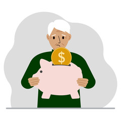 Sad old man holds a piggy bank, a coin falls into the piggy bank. The concept of saving finance, savings, investing finances.