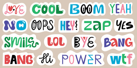 Lettering sticker colored phrases collection. Love, cool, boom, yeah, oops, zap, lol, bye, bang, wtf etc. Hand drawn trendy vector illustration