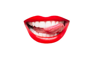 Woman's smiling mouth with red glossy lips showing tongue isolated on a white background. Smiles,...