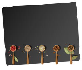 composition of wooden spoons. A black modern cutting board with a highlighted stone texture. vector realistic drawing, without background. Perfect for any advertisement, showcase, menu or board