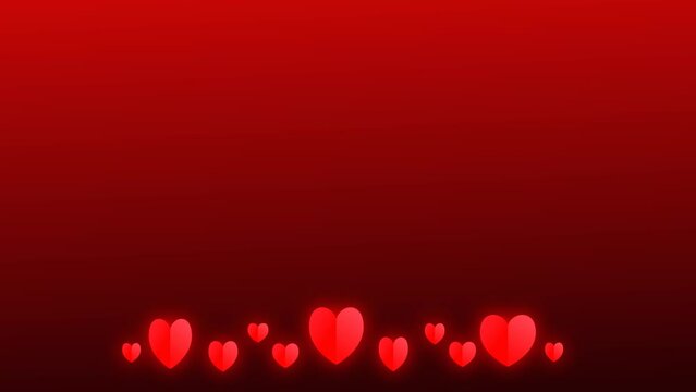 At the bottom, on a red gradient background, red glowing hearts appear and disappear. Animation hearts for the holiday with free space for your design.