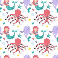Mermaid seamless pattern. Vector illustrations of cute fantastic girls characters in a simple hand-drawn cartoon style surrounded by marine life, corals, seashells, algae. Colorful palette EPS