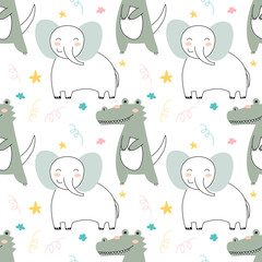 Party vector pattern with animals, cute children s wallpaper African animals, elephant and crocodiletropical print. funny linear drawings. EPS