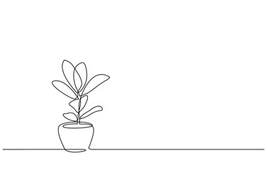 Continuous line drawing of a flowers in a pots. Tree in pot with single line art, Aesthetic Contour. Great for home decor, wall art posters, or T-shirt prints. Single line art of tree in doodle style