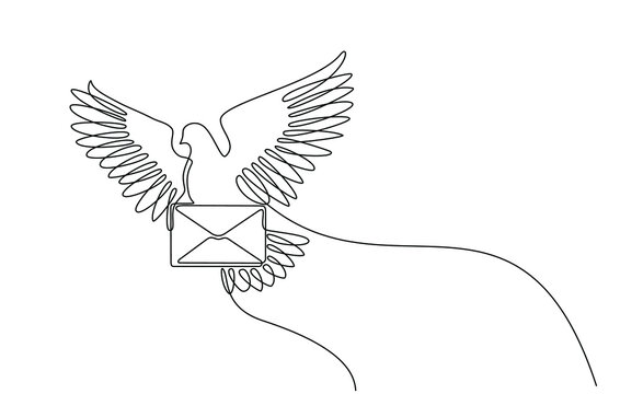 recommend clip art: Continuous line drawing of a flying carrier pigeon carrying mail. vector illustration of a flying dove carrying an envelope. Single line art of flying pigeon symbol carrying letter in doodle style.