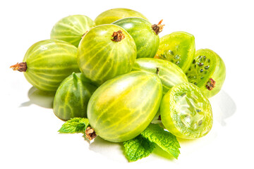 Fresh ripe raw green gooseberry, group of whole and half gooseberries isolated on white background