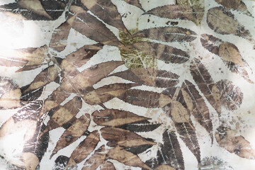 Fabric with natural color leaf patterns. Handmade. 