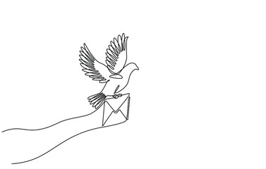 Continuous line drawing of a flying carrier pigeon carrying mail. vector illustration of a flying dove carrying an envelope. Single line art of flying pigeon symbol carrying letter in doodle style.