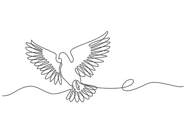 Continuous one line drawing of a pigeons flying. vector illustration of a dove in flight isolated on a transparent background. Single line art of peace and freedom bird symbol in doodle style.