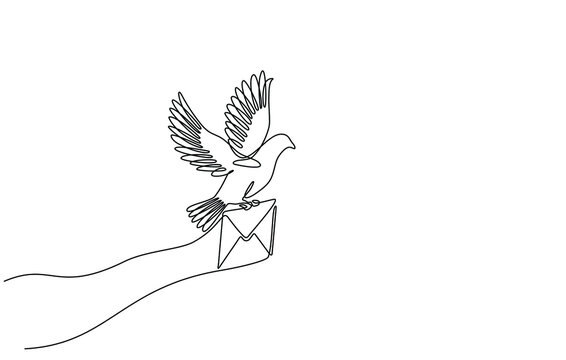recommend clip art: Continuous line drawing of a flying carrier pigeon carrying mail. vector illustration of a flying dove carrying an envelope. Single line art of flying pigeon symbol carrying letter in doodle style.